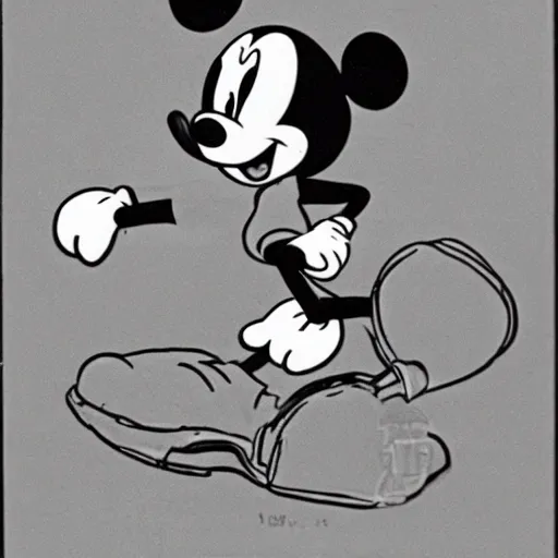 Image similar to mickey mouse riding on a nuclear bomb, black and white, cartoon, Walt Disney, 1920s