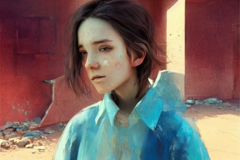 Prompt: digital art of a beautiful girl wearing a shirt standing in front of a ruined apartment complex, desert composition, sunlit, expressive oil painting, by artgerm, by jeremy lipking, anime style, octane render, bright colors, face!!!! close - up