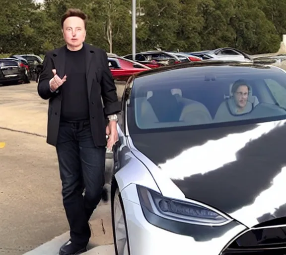 Prompt: elon musk dressed like a skunk, closeup detailed, tesla car, studio photo