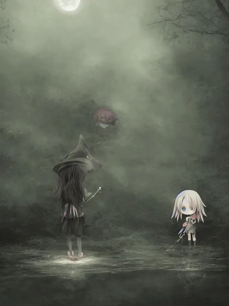 Image similar to cute fumo plush girl witch standing in reflective murky river water, gothic horror maiden in tattered cloth, volumetric fog and smoke in hazy abyss, light shafts shining through the dusky light, moonglow, lens flare, chibi anime, vray