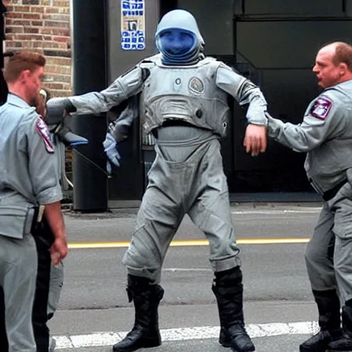 Image similar to extraterrestrial zeta reticulan grey alien, being arrested by spetsnaz