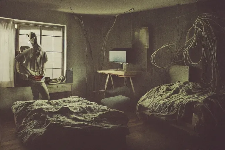 Image similar to IKEA catalogue photo, ghostly teenager bedroom, screens, TVs, monitors, cables, vines, overgrown, haunted, by Beksiński