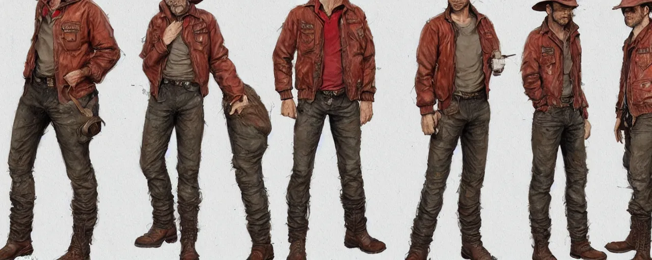 Image similar to character design, reference sheet, 40's adventurer, unshaven, optimistic, stained dirty clothing, straw hat, heavy boots, red t-shirt, dusty brown bomber leather jacket, detailed, concept art, photorealistic, hyperdetailed, , art by Frank Frazetta