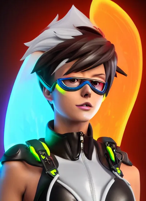 Image similar to portrait bust digital artwork of tracer overwatch, wearing white iridescent rainbow latex and leather straps catsuit outfit, 4 k, expressive happy smug expression, makeup, in style of mark arian, angel wings, wearing detailed black leather collar, chains, black leather harness, detailed face and eyes,