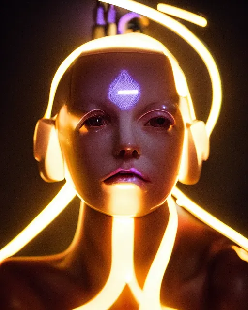 Image similar to photo of sensual female as a solarpunk mecha humanoid robotic head and face parts with straight fluorescent lamps over face, real human face with skin, ultra - realistic and detailed, long exposure, soft focus hdr 8 k