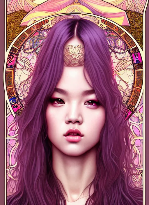 Image similar to jossi of blackpink, tarot card, highly detailed, digital painting, smooth, sharp focus, illustration, ultra realistic, 8 k, art by artgerm and alphonse mucha