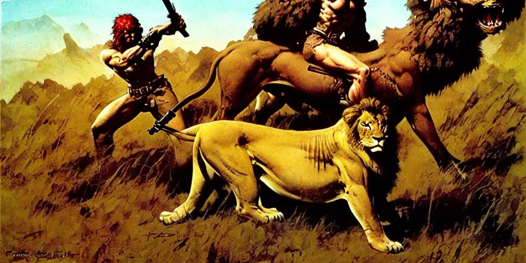 Prompt: lion hunter by frazetta