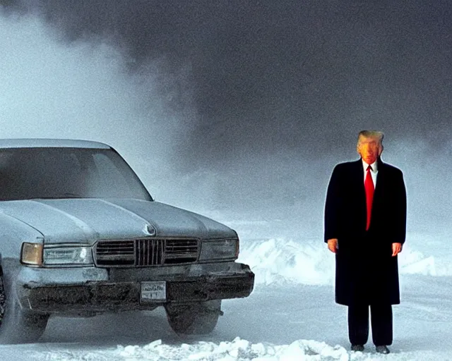 Prompt: still of Donald Trump in The Day After Tomorrow (2004), extreme fog, blizzard