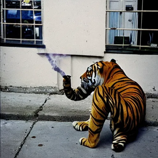 Prompt: 9 0 s photography of a tiger smoking pot in the streets