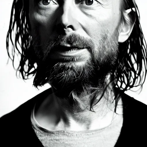 Image similar to Thom Yorke, a man with a beard and a black jacket, a portrait by John E. Berninger, dribble, neo-expressionism, uhd image, studio portrait, 1990s