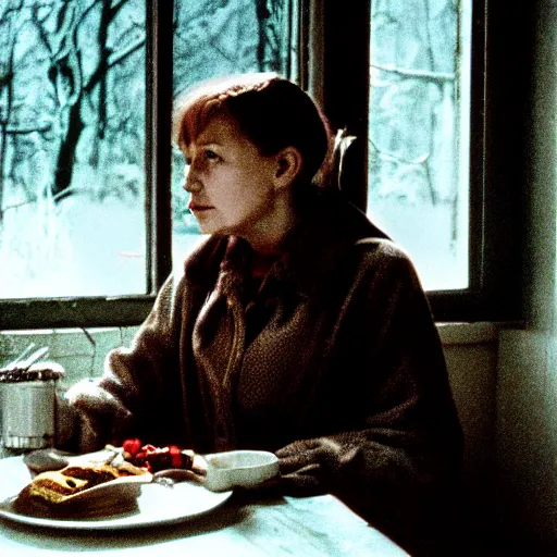 Image similar to film still of soviet movie still a soviet woman sitting at a table next to the window with food, dark warm light, a character portrait by margarita terekhova, movie stalker solaris film still by andrei tarkovsky, 8 k, close - up bokeh, gelios lens, color, noir