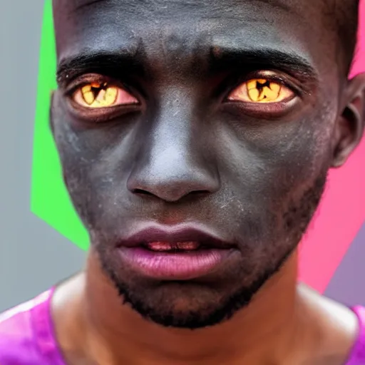 Image similar to a guy with purple eyes, completely deep black skin, with black. magic powers, he's on the moon