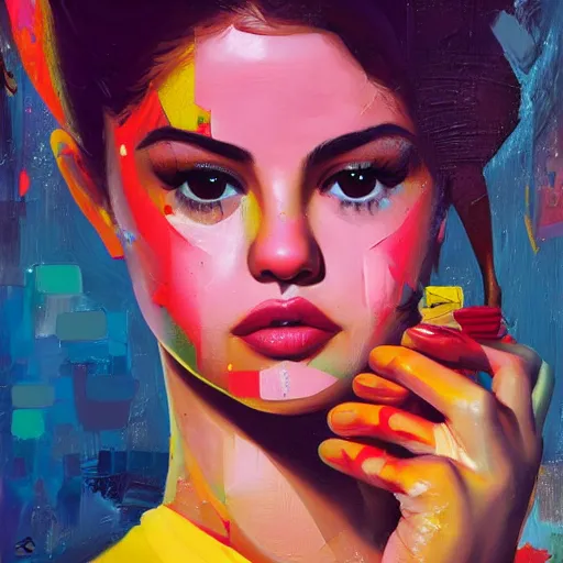 Prompt: expressionistic surrealistic oil painting of selena gomez by james gilleard, alexander jansson, anna bocek, thick impasto!!!, visible brush strokes, octane, unreal engine, 1 6 k