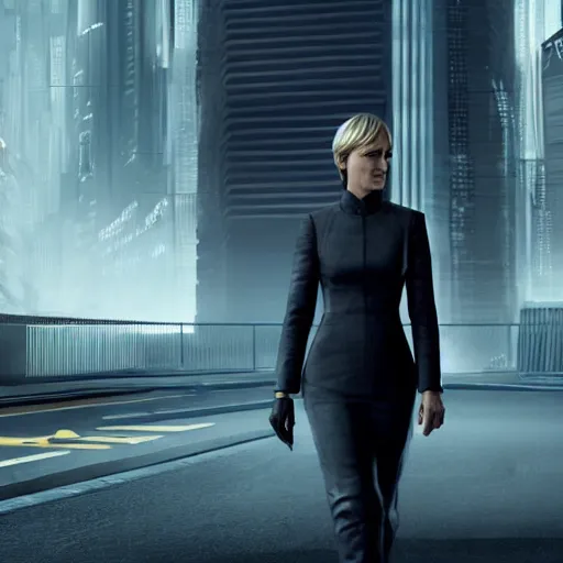 Prompt: House of cards actress Claire Underwood in a cyberpunk suit, walking alone in an empty futuristic city road, artstation, digital art, trending, 8k