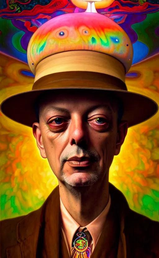 Prompt: An extremely psychedelic celestial larry harvey in his white fedora hat, colorful, surreal, dramatic lighting, magic mushrooms, psilocybin, LSD, face, detailed, intricate, elegant, highly detailed, digital painting, artstation, concept art, smooth, sharp focus, illustration, art by Krenz Cushart and Artem Demura and alphonse mucha