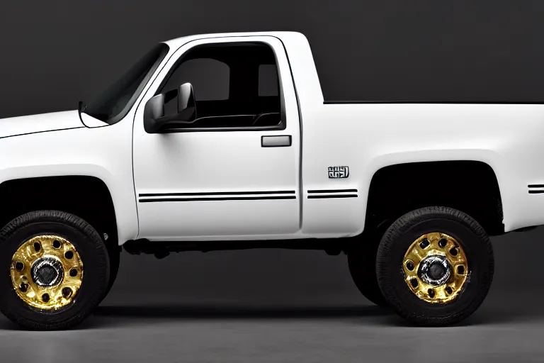 Prompt: closeup side photo of a fully stock white painted single cab 2 door long bed 2 0 0 3 silverado on a reflective black floor, hyper detailed, smooth, high contrast, volumetric lighting, golden ratio, octane, jim lee, giorgetto giugiaro, craig mullins, chris bangle, ian callum!, vibrant rich deep color