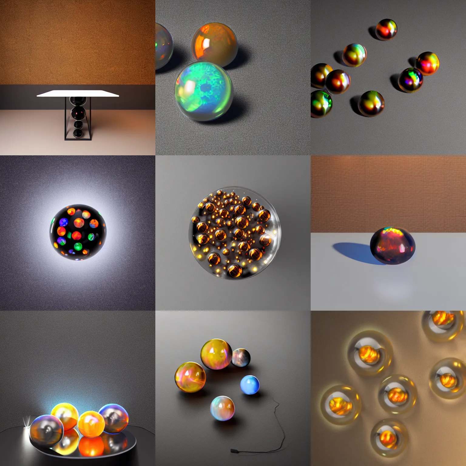 Prompt: a hyperrealistic photograph of black fire opal marbles sitting on a table. lights above, with ray-tracing and caustics. vray, octane render, isometric view.