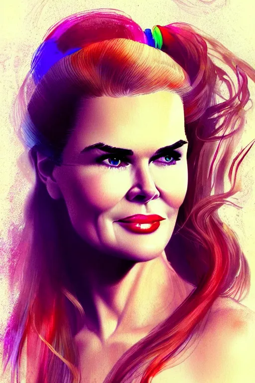 Image similar to mix of beautiful young maria shriver, mariel hemmingway, brooke shields, nicole kidman and elle macpherson as an underwater mermaid, thin lips, hair tied up in a pony tail, dark blonde hair, colorful, artstation, cgsociety