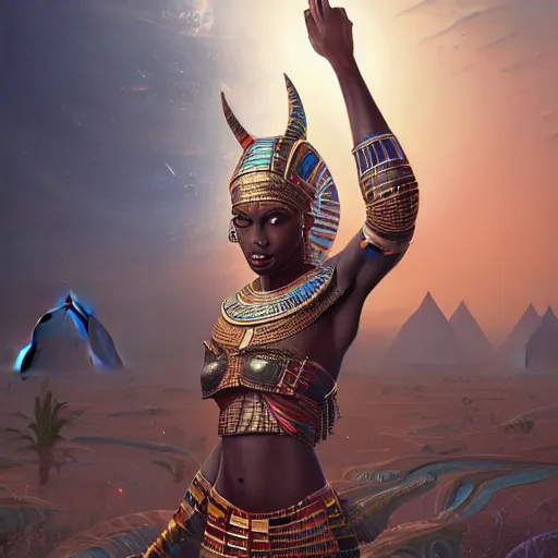 Image similar to highly detailed portrait of an african egyptian goddess, intricate alien technology, stephen bliss, unreal engine, fantasy art by greg rutkowski, loish, rhads, ferdinand knab, makoto shinkai and lois van baarle, ilya kuvshinov, rossdraws, tom bagshaw, global illumination, radiant light, detailed and intricate environment