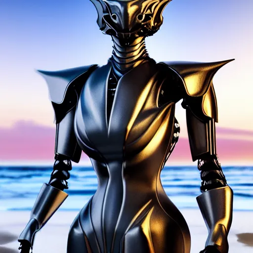 Prompt: chest up bust shot, realistic detailed stunning beautiful armored anthropomorphic humanoid female robot dragon, looking to the side with an elegant pose, smooth and streamlined armor and design made of steel, sharp claws and sharp teeth, Slick LEDs, standing on two legs, on the beach during sunset, high quality, cinematic art, sunset lighting, 3D render, 8k, artstation, deviantart, furaffinity