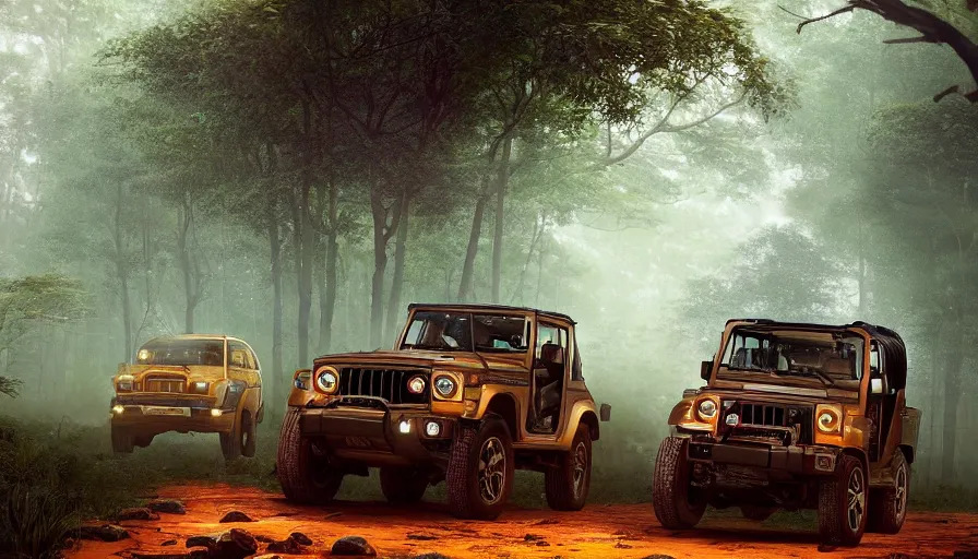 Image similar to Mahindra thar, in kerala forest, tigers and lions chasing, action scene, an epic fantasy, dramatic lighting, cinematic, establishing shot, extremely high detail, photorealistic, cinematic lighting, matte painting, artstation, by simon stalenhag, horizon forbideen west