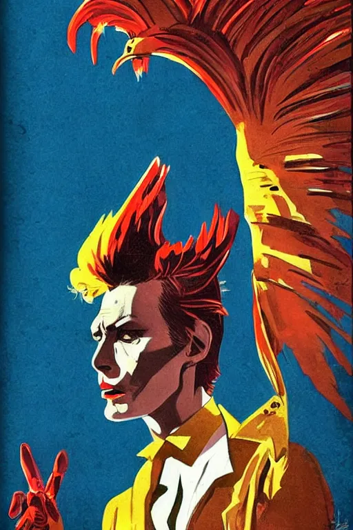 Image similar to scifi portrait of a rooster as David Bowie. McGinnis, pulp comic style, circa 1958, photorealism