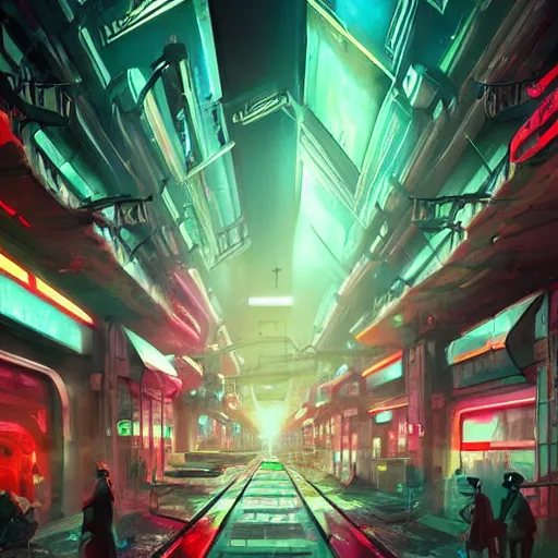 Image similar to a futuristic post - apocalyptic subway city of oriental type with neon lights artstation, illustration