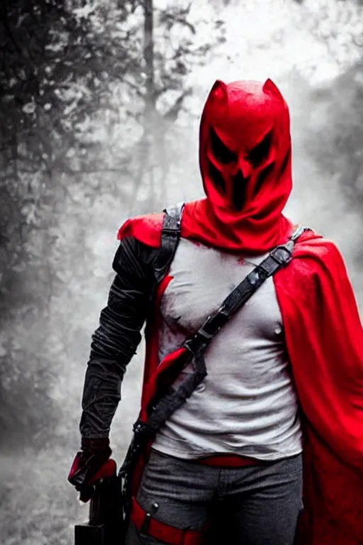 Image similar to red hood cosplay, creepy, disturbing, bloody, darkness, grainy