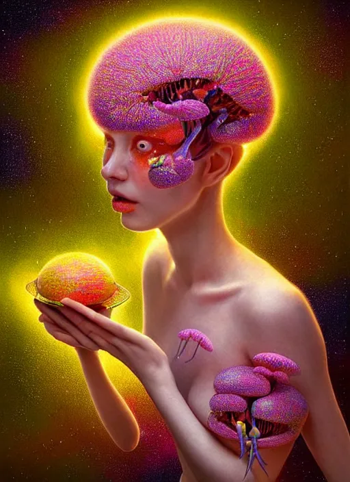 Prompt: hyper detailed 3d render like a Oil painting - kawaii portrait Aurora (gold haired Singer Praying Mantis Dragonfly faced) seen Eating of the Strangling network of yellowcake aerochrome and milky Fruit and Her compund eyes delicate Hands hold of gossamer polyp blossoms bring iridescent fungal flowers whose spores black the foolish stars by Jacek Yerka, Mariusz Lewandowski, Houdini algorithmic generative render, Abstract brush strokes, Masterpiece, Edward Hopper and James Gilleard, Zdzislaw Beksinski, Mark Ryden, Wolfgang Lettl, hints of Yayoi Kasuma, octane render, 8k