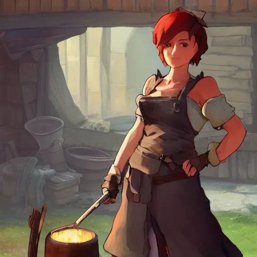 Prompt: “a full body portrait of the short and fiery blacksmith Moira at her forge, blacksmith's outfit, big breasts, outside of castle, makoto shinkai, james gilleard, very detailed, matte, gaussian blur, tone mapped, Akihiko Yoshida”