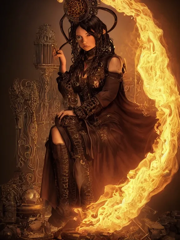 Prompt: evil steampunk pyromancer woman, ornamental halo, black shirt, brown body, tunic, intricate robes, sitting on obsidian throne, fractal fire background, sharp focus, highly detailed, perfect face, cinematic lighting, studio quality, chiaroscuro, smooth render, unreal engine 5 rendered, octane, rendered, by artgerm, greg rutkowski, alphonse mucha