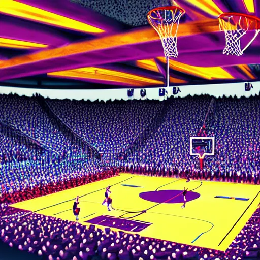 Prompt: a filled sports arena watching a basketball game, digital art, colorful, detailed, cheering