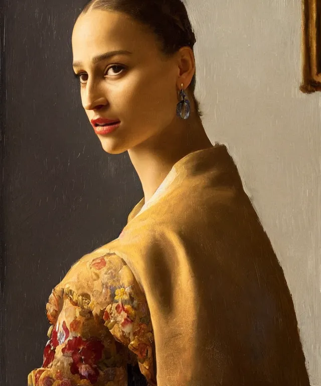 Image similar to a highly detailed, beautifully lit portrait of a pretty, young alicia jessica vikander alba sitting at a table by an open window, oil painting portrait by vermeer