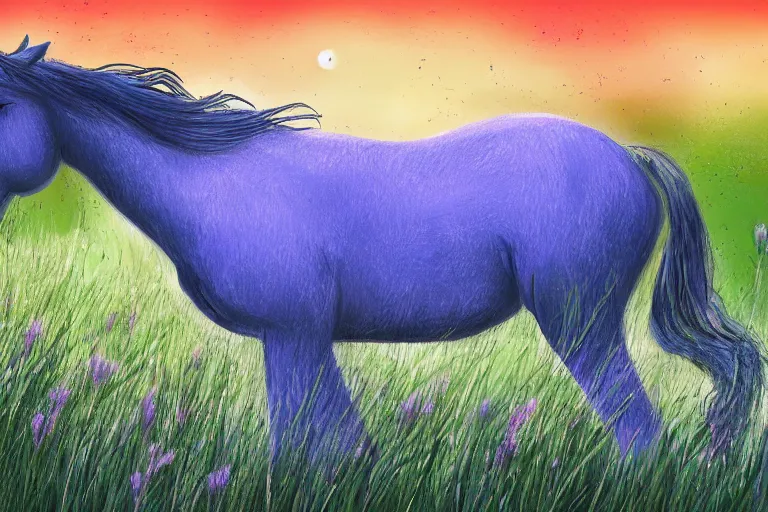 Prompt: a digital painting of a sad horse that's lost in a meadow, tall plants, white lighting, night sky, glows, moonlight,