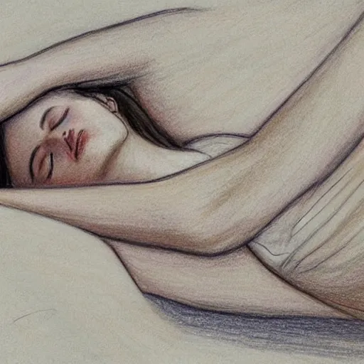 Image similar to This drawing is a beautiful example of use of color and light. The drawing depicts a woman reclining on a couch, with her head turned to the side and her eyes closed. The woman's body is bathed in a light, and her skin appears to glow. The artist has used a soft, delicate palette to create a sense of tranquility and serenity. The drawing is elegant and graceful, and the woman's face is incredibly expressive. It is a truly beautiful drawing. avant-garde, Korean folk art by Anne-Louis Girodet, by Joan Miro peaceful