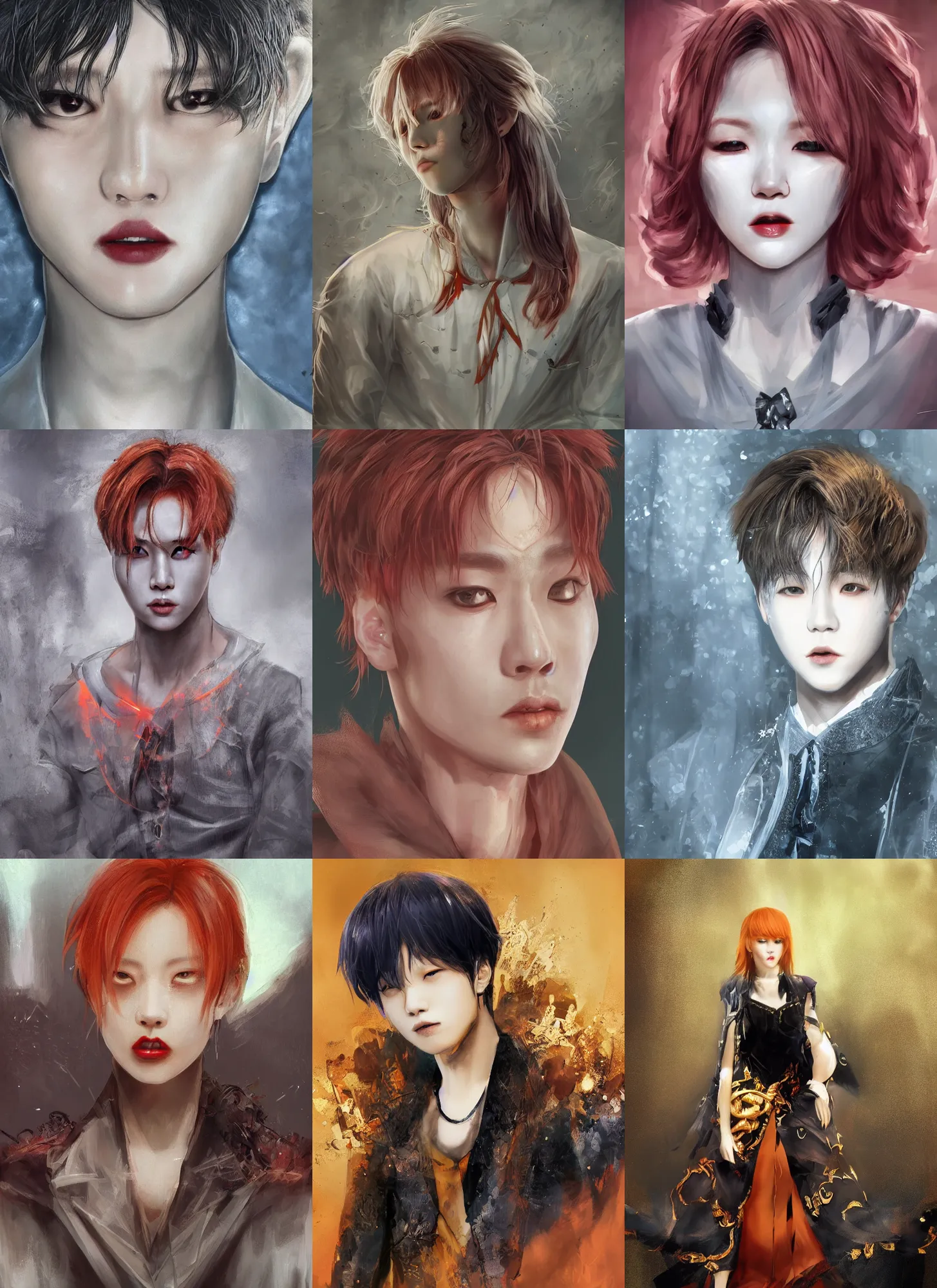 Prompt: park jimin as a vampire. wearing intricate styled outfit, semi realism, anime realism, symmetrical face, slim face, distinctive features, appealing, photorealism, uhd, amazing depth, glowing, golden ratio, sakimichan, greg rutowski, volumetric lighting, cinematic lighting, red orange lighting, artstation concept art