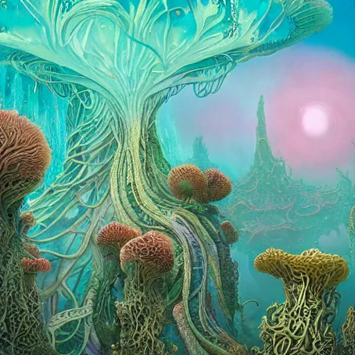 Prompt: breathtakingly detailed art nouveau ultrawide angle photo, alien ocean coral structures frame circle, closeup a humans energy field emitting bright glowing ripples, bizarre overgrown alien temple in background, vivid caustics, symmetry, very low angle shot, smoke rises from the coral reflections, by studio ghibli, peter mohrbacher, fenghua zhong, ruan jia
