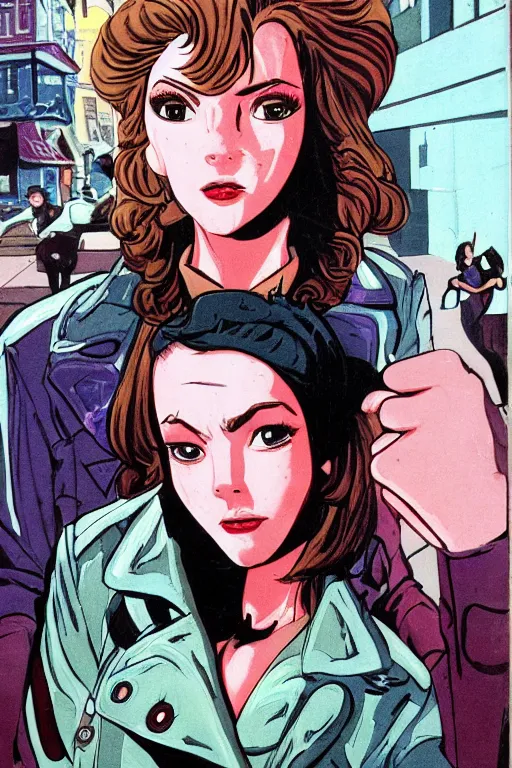 Image similar to portrait of an attractive young female protagonist, center focus, wearing leather jacket, in city street, detailed face, artwork by ralph bakshi