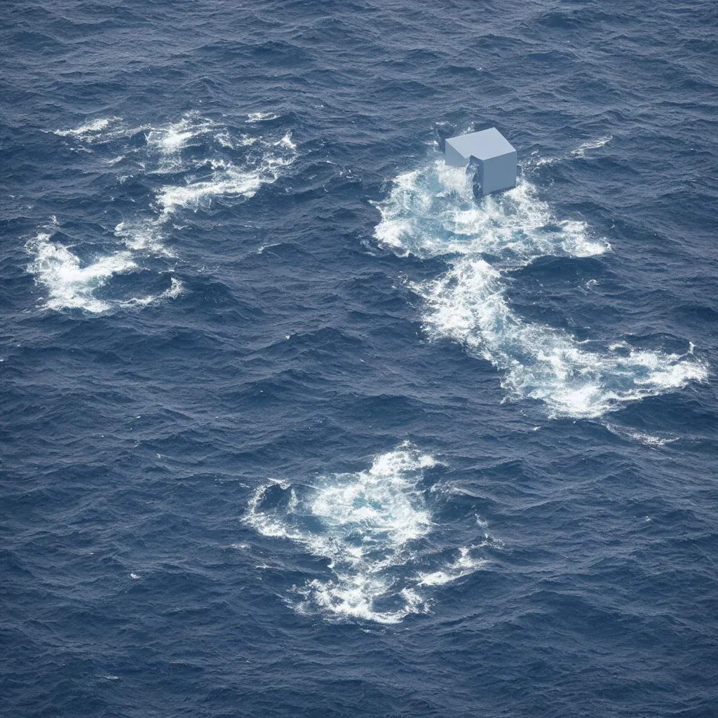 Prompt: a cube in the middle of the ocean with images of a tumultuous sea on its sides. Photography in the style of Richard Serra