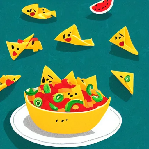 Image similar to cute adobe illustration nachos with cheese and jalapeno illustrations, white background, drawing, cartoon, in the style of shyama golden