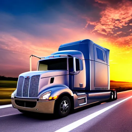 Prompt: a photorealistic picture of a truck on a busy highway at sunset