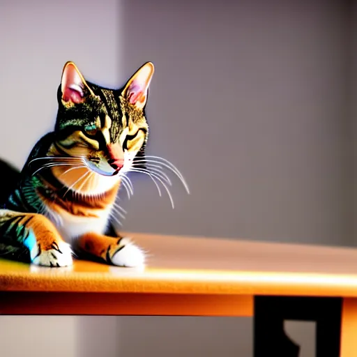 Prompt: a realistic photo of a tabby cat, sitting on a table,