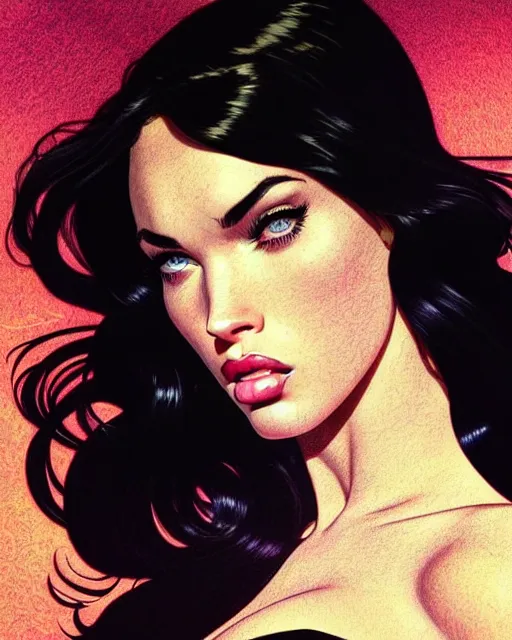 Image similar to low angle closeup beautiful very seductive megan fox retro scifi goddess pinup, action glamour pose, windblown dark hair, hyper detailed, digital art, studio lighting, smooth, ambient lighting, sharp focus, frank miller, wlop, anna dittmann, moebius!, alphonse mucha, patrick nagle!!, rim lighting, synthwave
