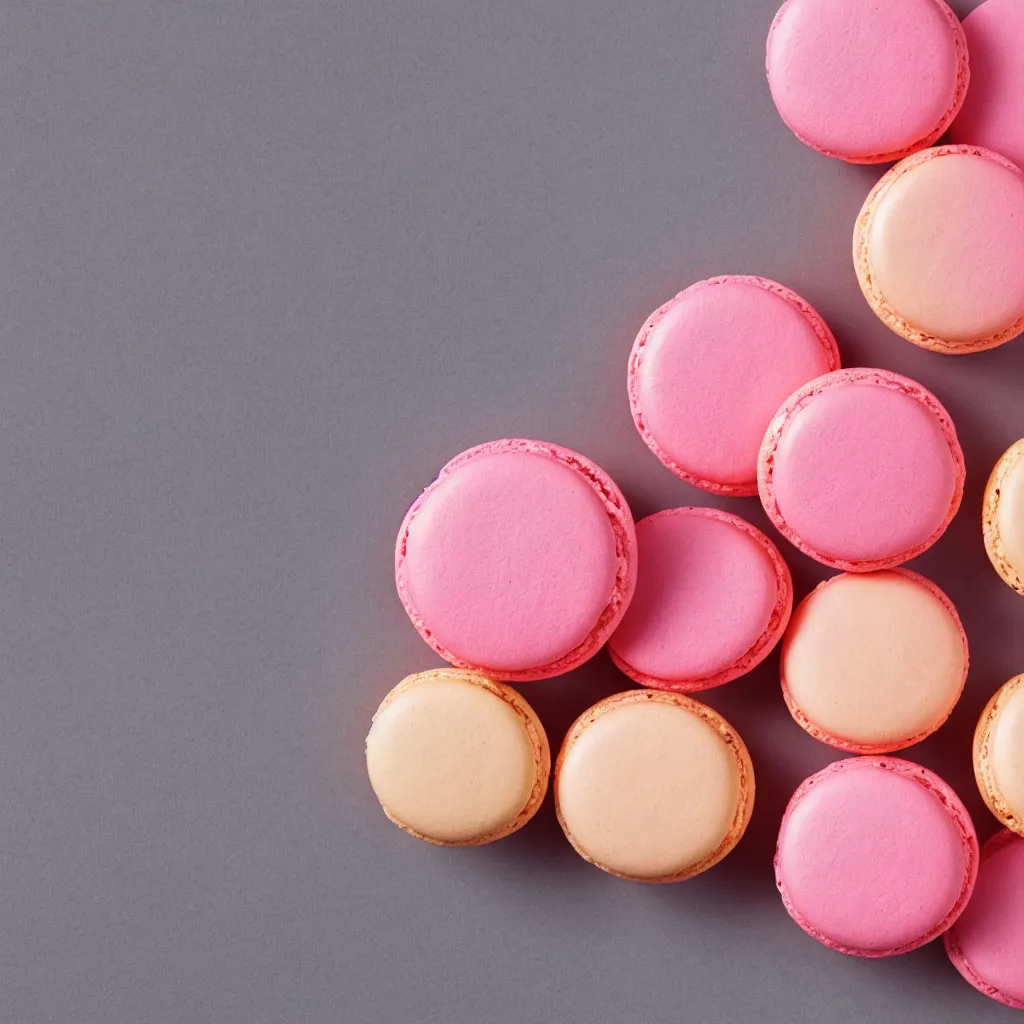 Image similar to top-down view of macarons on top of a pink surface, 8k, high detail, photorealistic, proper shading