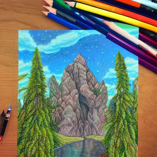 Image similar to Colored pencil art on paper, highly detailed, artstation, People, Plants and Trees, Animals, Magical Creatures, buildings, scenery, enchanted landscapes, PrismaColor