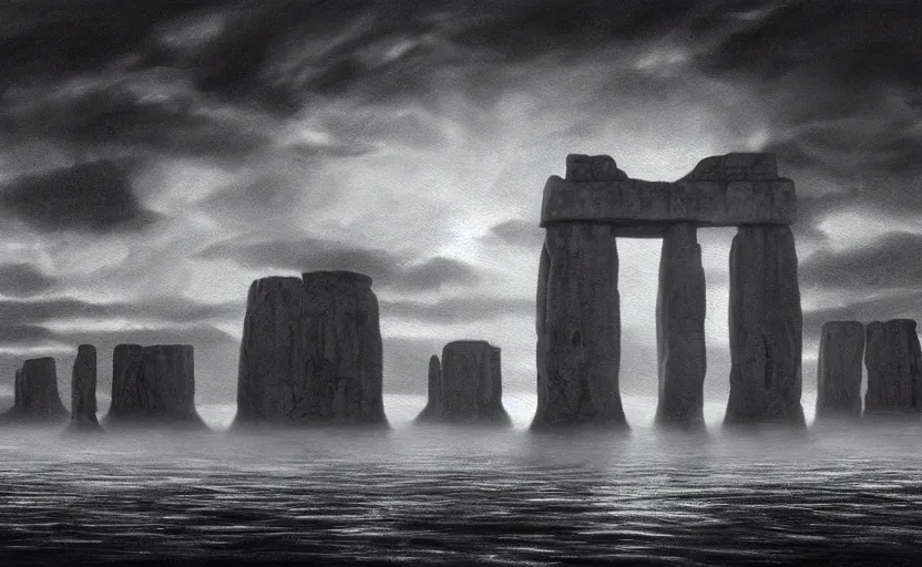 Image similar to hyperrealist painting of an giant cube from independence day ( 1 9 9 6 ) in a flooded monument valley stonehenge. 1 9 7 0 s science fiction, moody, misty, depth perception, 4 k, artstation, in the style of studio ghibli