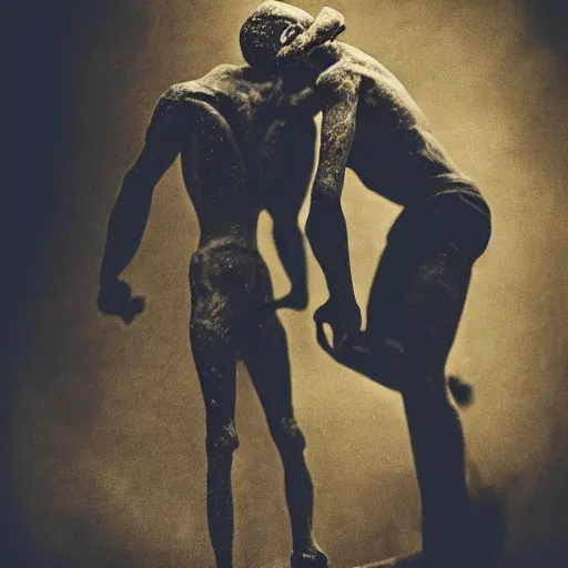 Image similar to a small man climbing out of the mouth of a kneeling man very cinematic surrealist exquisite award winning detail dark horror anxiety grotesque body horror weird uneven unrealistic proportions dark creepy