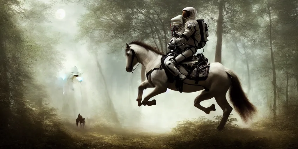 Image similar to an astronaut riding on the back of a white horse through a forest, a detailed matte painting by frieke janssens, featured on cgsociety, fantasy art, matte painting, reimagined by industrial light and magic, matte drawing