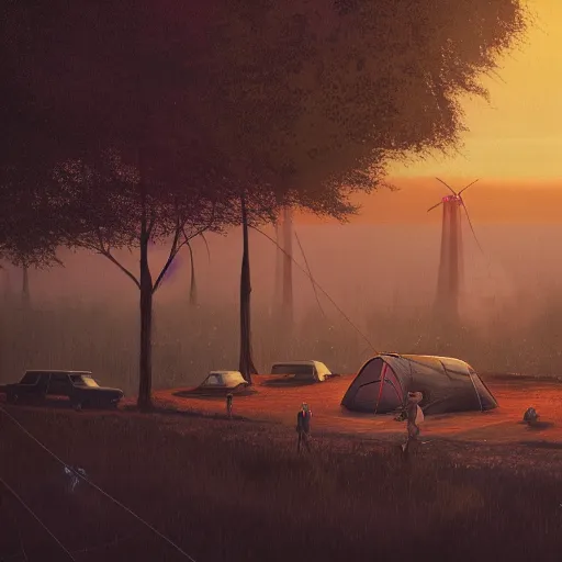 Prompt: highly detailed landscape with two boys camping with nuclear plant in the background 1 9 8 0 s science fiction, 1 9 7 0 s science fiction, cyberpunk, moody, misty, depth perception, 4 k, artstation