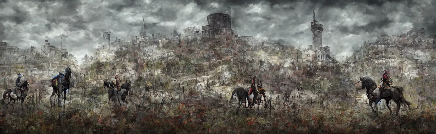 Image similar to horseback knights at scenic overlook; cloudy, grey skies, walled fort city deteriorating office buildings in background on hill; forest; la Bastille, post apocalyptic, grungy; colorful, artstation